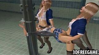 Three sexy s in the 3D showers use strapons porn video